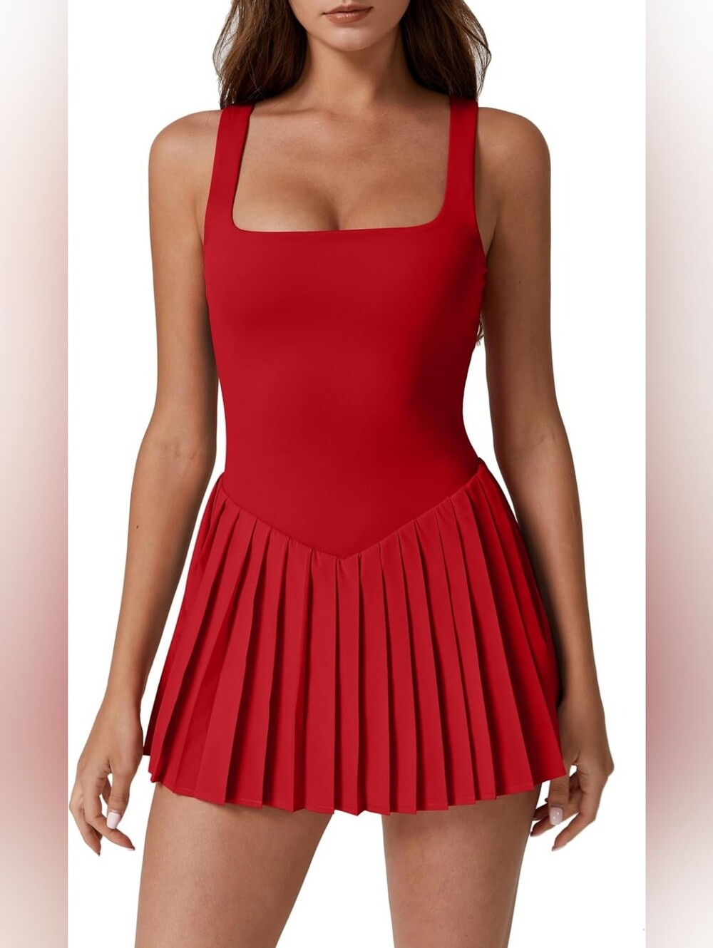 NWT Qinsen Red Pleated Athletic Tennis Dress Built-In Shorts Activewear - Size M